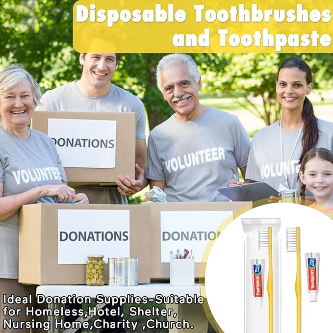 HOFASON Disposable Toothbrushes with Toothpaste Pack of 30, Yellow Hollow Travel Toothbrush Set with 5g Toothpaste Individually Wrapped Toothpaste Bulk for Homeless, Nursing Home, Shelter, Hotel