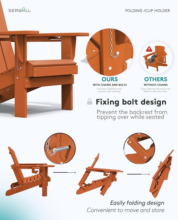 SERWALL Adirondack Chair with Cup Holders - Composite Adirondack Chairs HDPE Outdoor Chairs All Weather Use- Orange