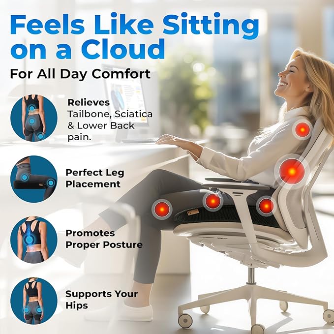 Seat Cushion, BodySync™ Technology with Non-Slip Gel & Memory Foam for Tailbone, Sciatica & Back Pain Relief, Office Chair Cushion, Car Seat Cushions for Driving (Black)