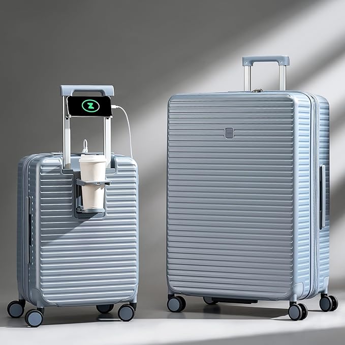 Hard Shell Suitcases Expandable Travel Luggage Sets 3 Piece, Carry on and Check in 3 Piece Luggage Suitcase Sets with Spinner Wheels Cup Holder Charger Built in (Bamboo Green, 20/24/28)
