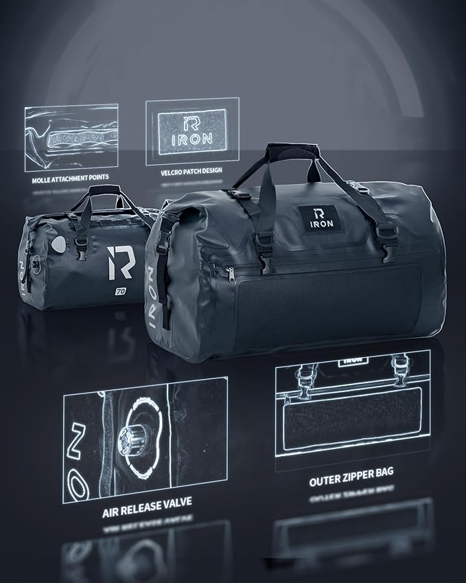 IRON JIA'S Motorcycle Dry Bag - Waterproof Duffle & Luggage Tail Bag Saddle Bags with Roll Top Closure, Shoulder Straps, Inner Pocket and Mesh Pocket (Black, 70L)
