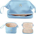 Initial Makeup Bags for Teens Girls, Personalized Double Layer Cosmetic Bag with Makeup Brush Organizer, Large Capacity PU Leather Travel Toiletry Bag, Gifts for Friends Female Mom