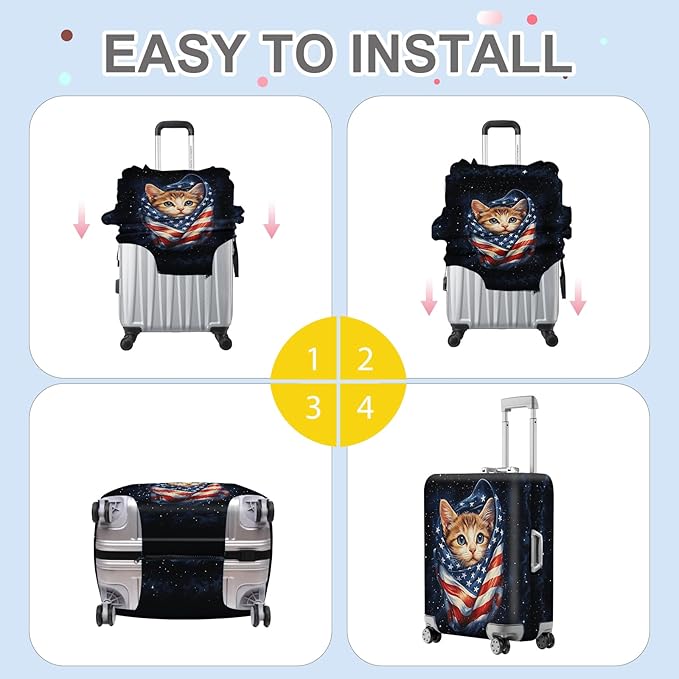 ANNA QUEEN Cute Patriotic Cat Luggage Cover, American Flag Suitcase Protector, Stretchable, Washable Travel Cover for 20-22 Inch Luggage