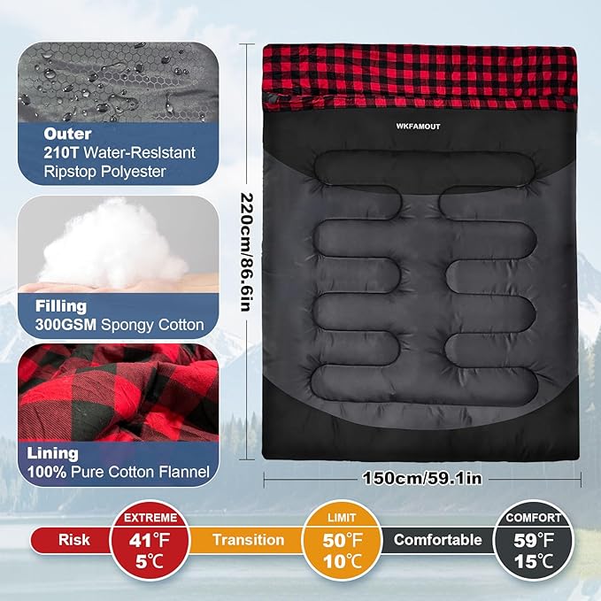 Double Sleeping Bag for Adults Machine Washable 2 Person Camping Sleeping Bag Queen Size Waterproof with Compression Sack for Cold Weather 3-4 Seasons