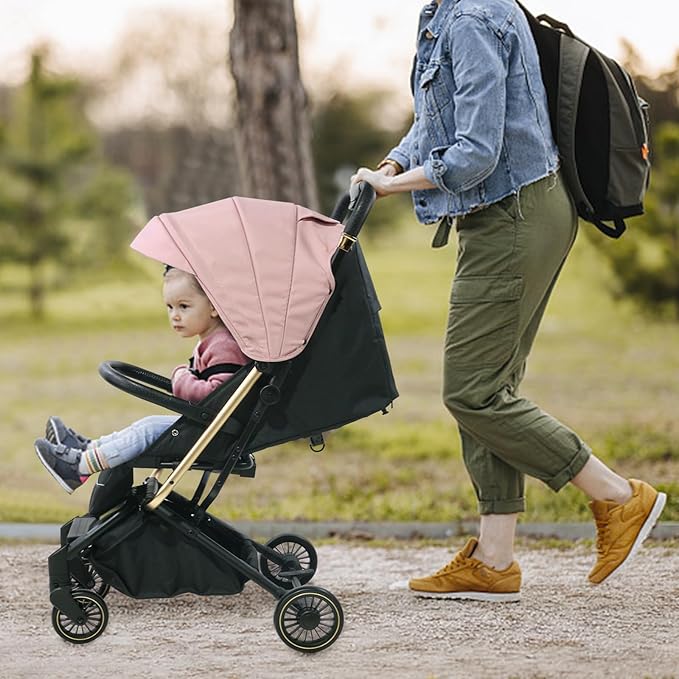 Lightweight Baby Stroller,Ultra Compact & Airplane-Friendly Travel Stroller, One-Handed Folding for Toddler, Only 13lbs,with Sleep Shade, Oversize Basket (Pink)