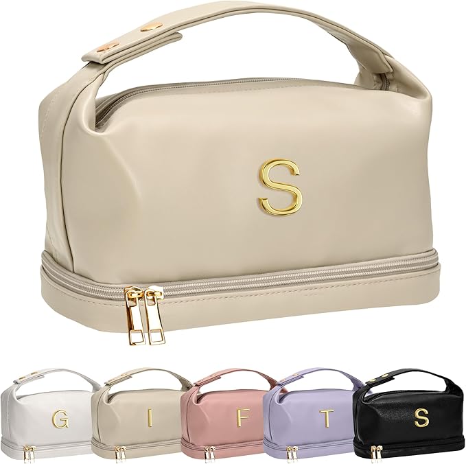 Personalized Gifts, Makeup Bags with Handle, Waterproof Double Layer Cosmetic Bag, Large Capacity PU Leather Makeup Bags Letter Travel Toiletry Bag, Birthday Gifts for Girls