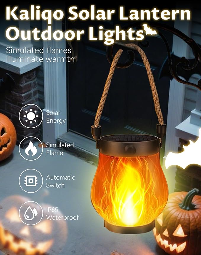 Kaliqo Solar Lantern Outdoor Lights - Official, Waterproof Kaliqo Solar Flame Lights Hangable with Dancing Flame, Hemp Rope Hanging Flame Lanterns,Dual Charging Modes, Smokeless (4pcs)