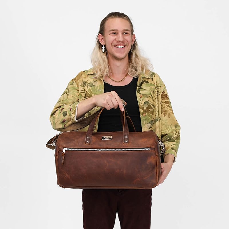 Handmade Leather Duffel Bag Luxury Duffle Bag Leather weekender Backpack for Men Full Grain Brown Leather TSA Approved- Lifetime Warrantee