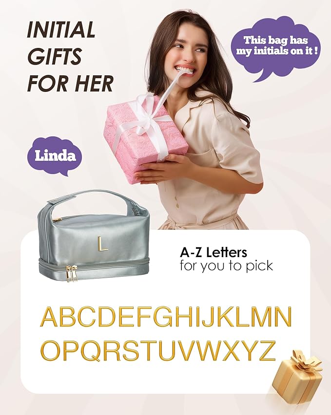 Personalized Gifts for Women Unique, Makeup Bag with Handle, Initial Double Layer Cosmetic Bag with Makeup Brush Organizer, Cute Cosmetic Pouch for Women, Gifts for Friends Female Mom