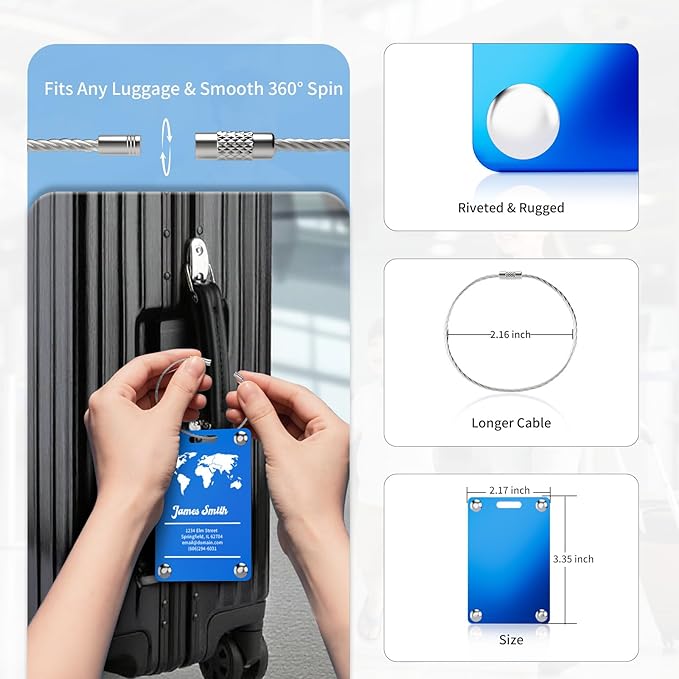 6 Pack Personalized Luggage Tags for Suitcases, Handmade Engraved Stainless Steel Custom Luggage Tags for Cruise Travel with Stainless Loop, Suitcase Identifier Metal Name Baggage Tag