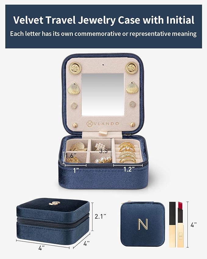 Vlando Graduation Gifts for Her, Graduation Travel Gifts for Women, 2025 Graduation Gifts Travel Accessories for Girls, Graduation Travel Essentials Small Jewelry Box - Letter N, Dark Blue