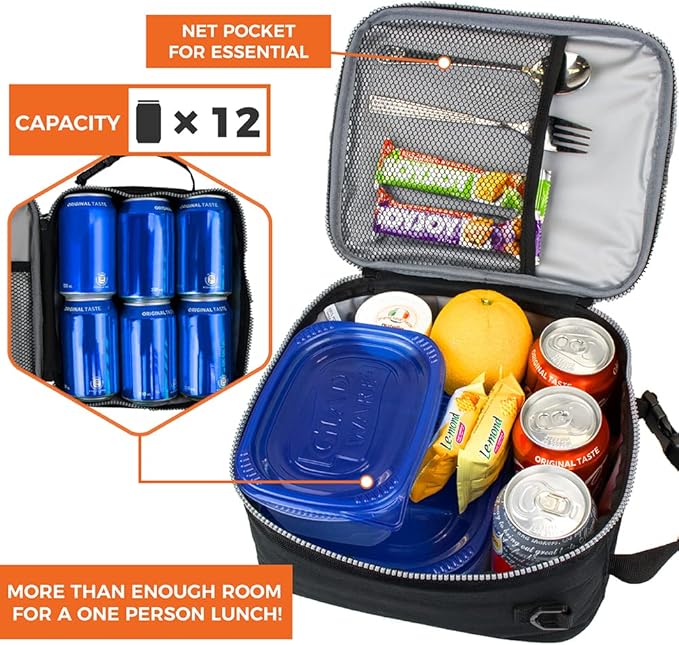 opux Insulated Lunch Box for Men Women Adult, Compact Lunch Bag for Kids Boy Girl Teen, Soft Lunch Cooler Bag for Work School, Leakproof Lunchbox Lunch Pail with Clip-on Buckle, Black