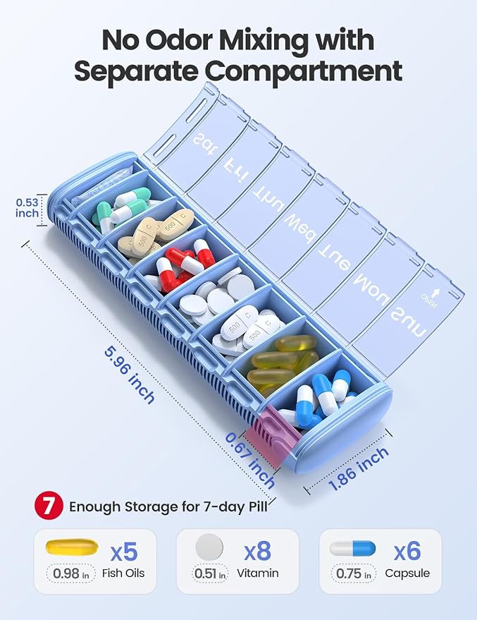 Vaydeer Metal Travel Pill Organizer, 7 Day Weekly Pill Box, Large Capacity Daily Cute Pill Case for Supplements, Pills, Vitamins and Medication (Small, Champagne)