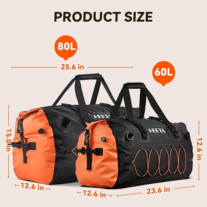HEETA Waterproof Duffel Bag Motorcycle Dry Bag Backpack, 60L/80L Extra Large Rolltop Travel Duffle Bags with Straps & Handles for Kayaking Rafting Boating Canoeing Camping Gym Beach Cruise Ship