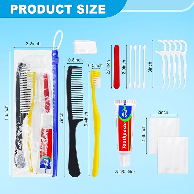 Personal Hygiene Kit Bulk Pack of 10,Yellow Disposable Toothbrushes with Toothpaste Floss Comb Cover and Hotel Vanity Set Basic Travel Toiletry Kit Supplies for Homeless,Charity,Guests