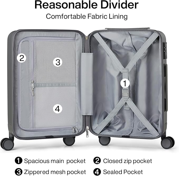Hanke 20 Inch Carry On Luggage 22x14x9 Airline Approved PC Hard Shell Suitcases with Wheels TSA Luggage for Women Men Lightweight Travel Luggage(Graphite Grey)