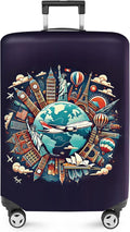 ANNA QUEEN World Landmarks Luggage Cover, Dark Travel-Themed Suitcase Protector with Airplane & Globe Design, Stretchable, Washable Luggage Sleeve for 32-34 Inch Suitcases