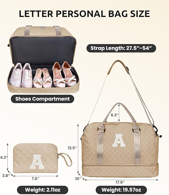 Girly Gifts for Women, Gifts for Women-Initial Travel Bag with Shoe Compartment, Personalized Weekender Bag, Monogram Overnight Bag for Women, Letter Travel Bag with Makeup Bag (Letter Q)