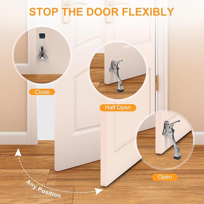 2 Packs Heavy Duty Kickdown Door Stopper, One Touch Adjustable Kickdown Door Stop for Heavy Doors, 4 in Metal Door Kickstand with Rubber Tip & Wall Protectors for Wide Doors