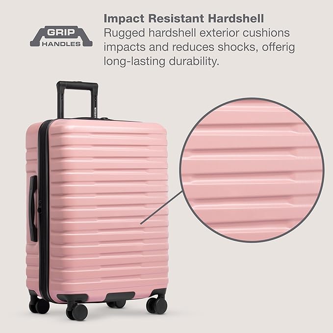 U.S. Traveler Boren Polycarbonate Hardside Rugged Travel Suitcase Luggage with 8 Spinner Wheels, Aluminum Handle, Pink, Carry-on 22-Inch, USB Port