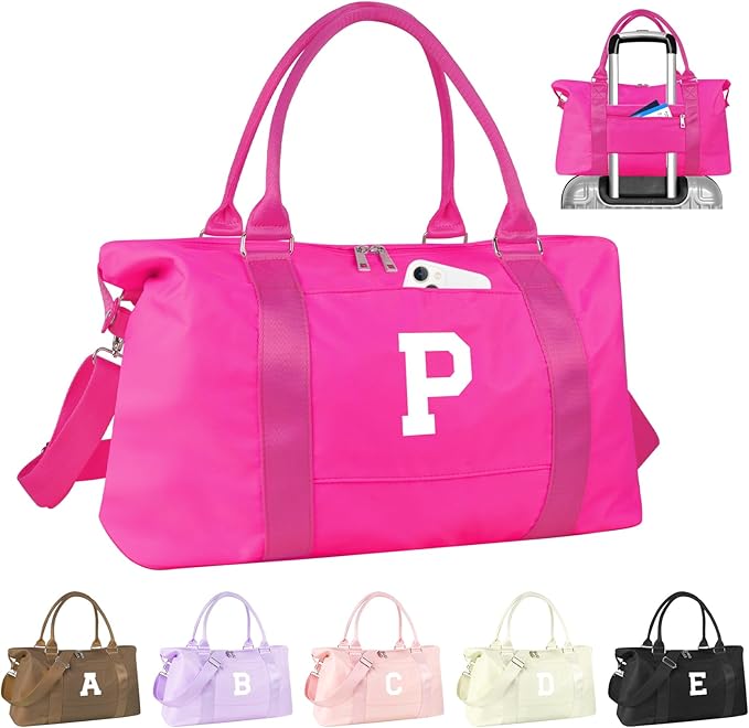 Overnight Bag for Kids Teen Girls Weekender Dance Bag Birthday Graduation Gifts,Initial Travel Duffel Bag Sports Gym Bag Personalized Weekender Bag Carry On Bags Preppy Gifts for Women(Hot Pink, P)