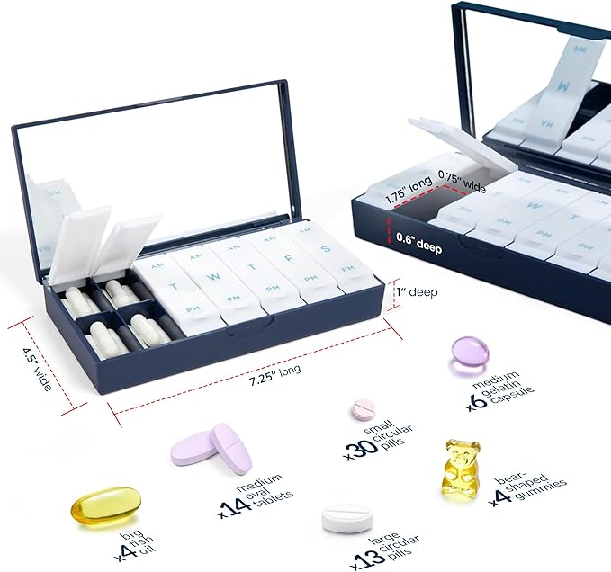 PORT X POLISH Designer Weekly Pill Box Organizer (AM/PM 2X Daily, Blush Pink) | Compact, Stylish 7-Day Vitamin Supplement Case | Cute Portable Mini Travel Medicine Carrier | BPA-Free Pillbox Caddy