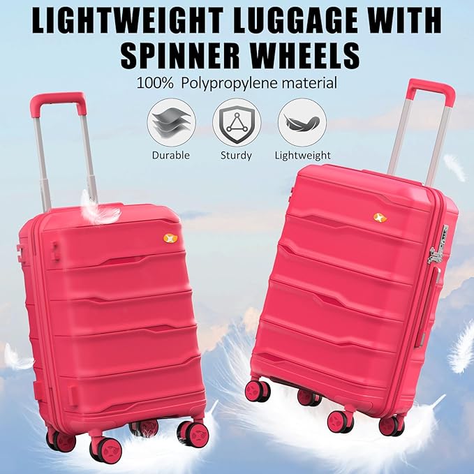 24 Inch Luggage with Spinner Wheels, Hard Shell Suitcase, Lightweight PP Luggages with TSA Lock, Checked-Medium Suitcases 24-Inch, Red