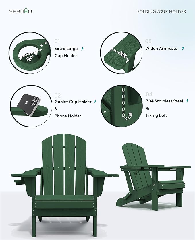 SERWALL Adirondack Chair with Cup Holders - Composite Adirondack Chairs Set of 6 HDPE Outdoor Chairs All Weather Use- Green