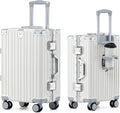 HotWay 20 Inch Aluminum Frame Carry On Luggage with Spinner Wheels, PC Hard Shell Suitcase with Cup Holder, Zipperless Luggage for Business Travel, White
