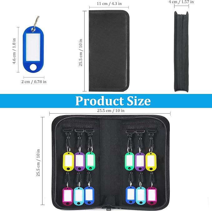 Portable Zippered Key Organizer, Fireproof & Waterproof Key Case with 12 Key Hooks & Tags, Portable Key Storage Organizer for Real Estate Sales,Hotel Executives, Car Service