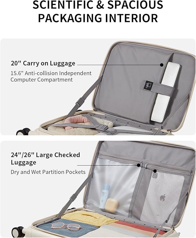 aji Expandable Top Opening 24 Inch Checked Luggage with Spinner Wheels, Large Suitcase with TSA Lock, Hard Shell Travel luggage Suitcases for Men Women, for 12+Days Travel, Coconut White