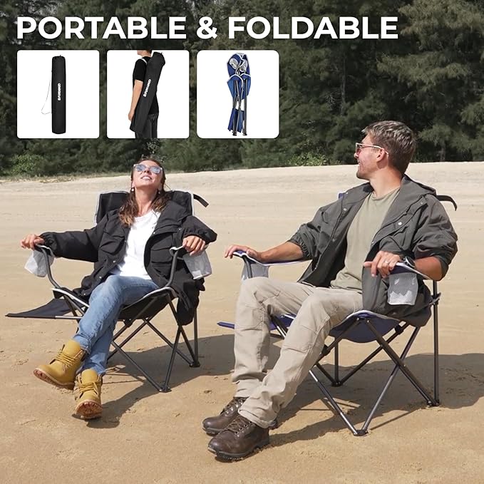 FUNDANGO Folding Camping Chair with Table, 2 Pack Portable Heavy Duty Outdoor Padded Chairs for Adults with Cup Holders for Lawn Beach Picnic Outside Travel (Blue)