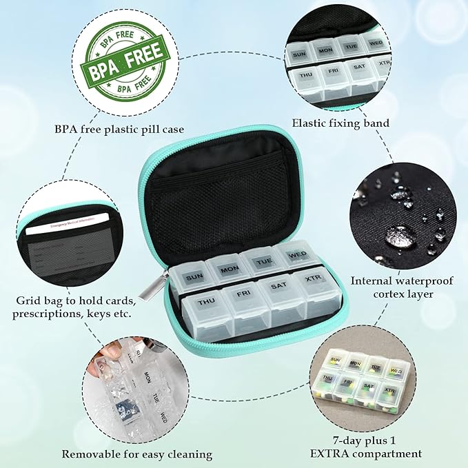 Serfeymi Weekly Travel Pill Organizer Pill Case for Purse with Removable 7 Day Pill Box, Fashionable Travel Medicine Organizer Pill Container for Medicine, Vitamin, Supplement - Green 01 + Pill Box