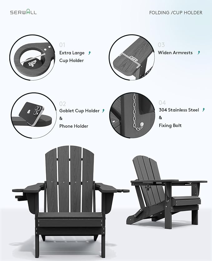 SERWALL Foldable Adirondack Chair Set of 6, HDPE Adirondack Chair with Wood-Texture-Gray