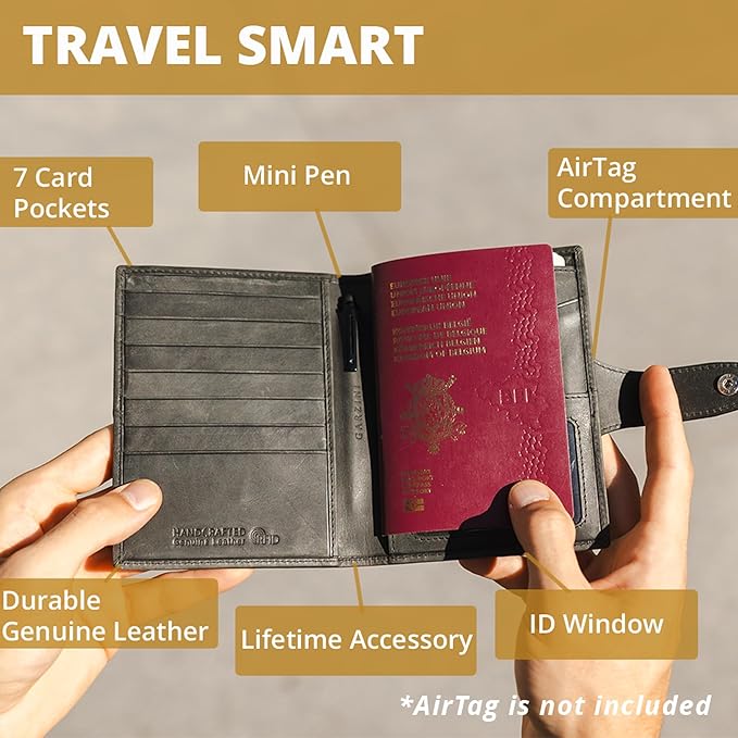 GARZINI Passport Holder with AirTag, Passport Wallet with RFID, Travel Accessories, Travel Document Holder with ID Window, Leather Passport Holder for 7 Cards, Brushed Black