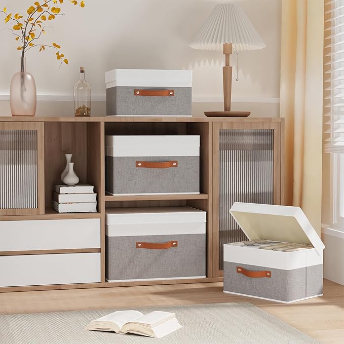 Fabric Storage Bins with Lids, 3 Pack Linen Foldable Cloth Baskets, 15 x 9.8 x 9.8 Inch Closet Organizer Containers with Double Handles, Sweater Boxes for Bedroom, White and Grey