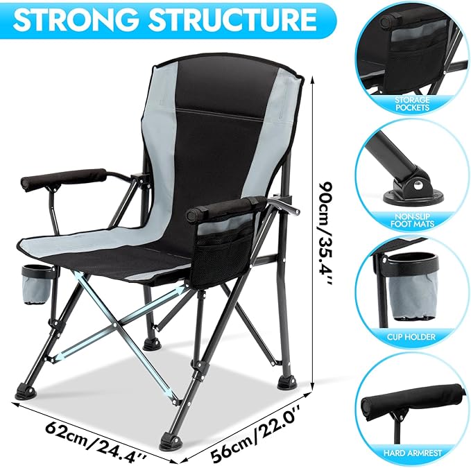 2 Pack Oversized Folding Camping Chair for Adults, Supports 450 LBS Camping Chairs, Heavy Duty Camping Chair with Side Pockets, Foldable Outdoor Chair for Camping, Beach, Fishing, Hiking, Black-Gray