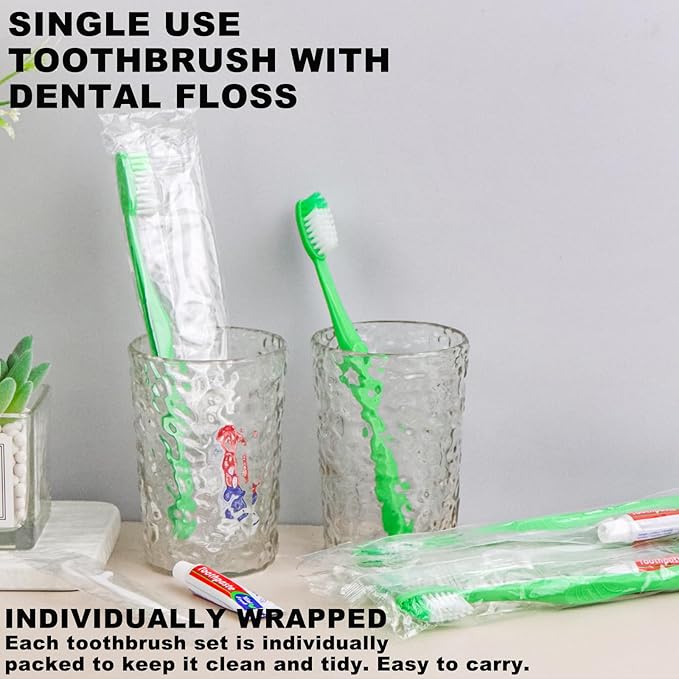 Disposable Toothbrushes with Toothpaste and Floss,100Pcs Green Single Use Individually Wrapped Disposable Travel Toothbrushes and Dental Floss Kit Bulk for Homeless,Airbnb,Hotel,Dentist