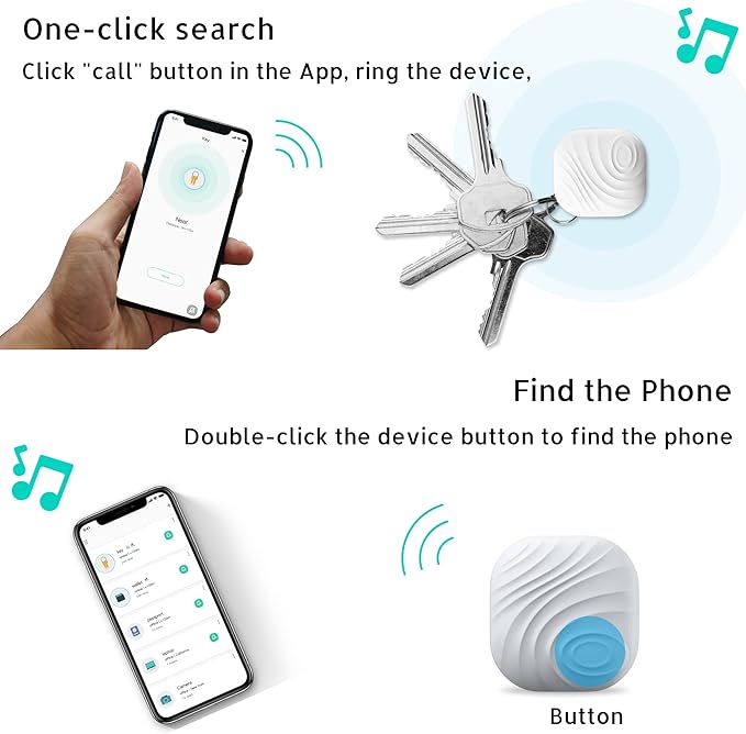 Key Finder, Bluetooth Tracker Item Locator with Key Chain for Keys Pet Wallets or Backpacks and Tablets, Batteries Include (2 White & 2Gray, 4 Pack)