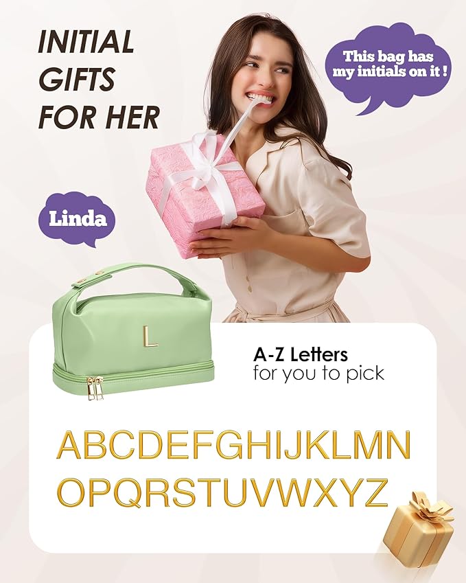 Makeup Bag For Teens 16-18, Personalized Makeup Bag with Handle, Initial Double Layer Cosmetic Bag with Makeup Brush Organizer,Birthday Gift Gifts for 11 12 13 14 15 16 17 18 19 Year Old