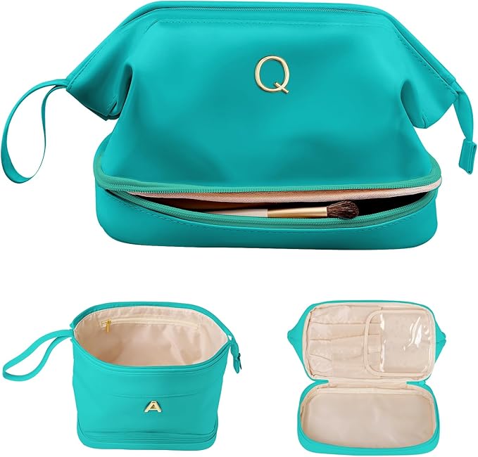 Teenage Gifts for Girls, Birthday Gift for Her, Makeup Bags, Waterproof Double Layer Cosmetic Bag, Large Capacity PU Leather Makeup Bags Letter Travel Toiletry Bag, Initial Gift for Coworkers