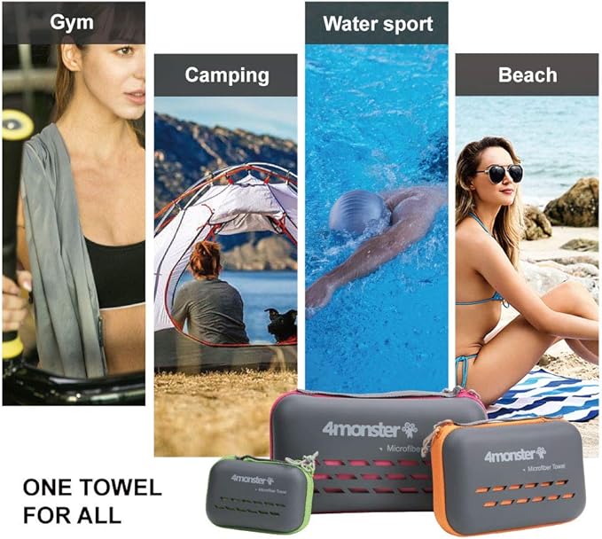 4Monster Camping Towels Super Absorbent, Fast Drying Microfiber Travel Towel, Ultra Soft Compact Gym Towel for Beach Hiking Yoga Travel Sports Backpack
