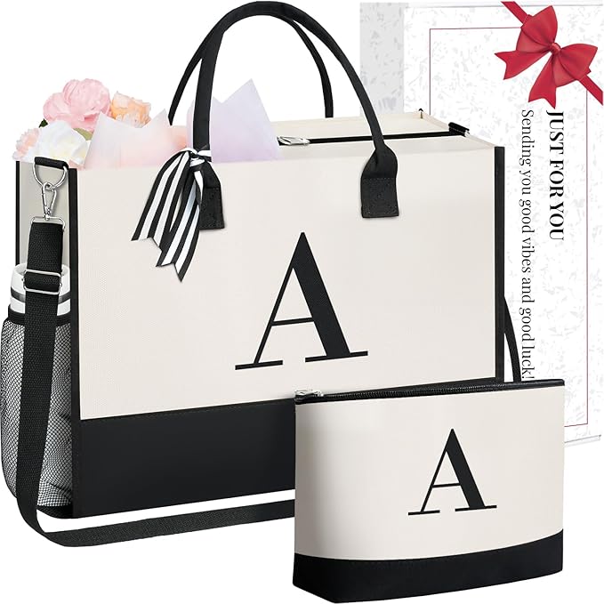 BAGAIL Initial Tote Bag, Personalized Birthday Gifts for Women, Teacher, Friends, Mom, Wedding, Monogrammed Beach Bag