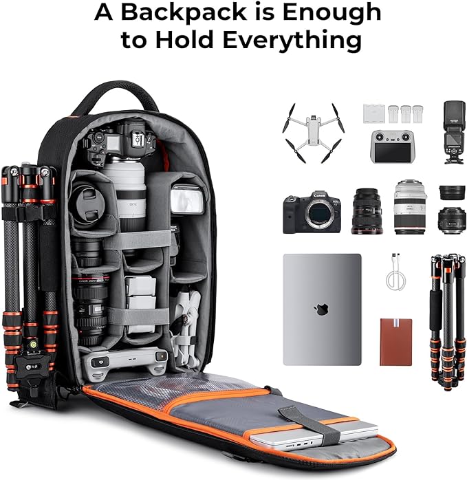 K&F Concept Camera Backpack for Photographers Large Waterproof Photography Camera Bag with Laptop/Tripod Compartment for Men Women Black Orange