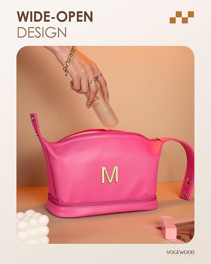 Gifts for Preteeens Girls, Personalized Makeup Bag with Handle, Initial Double Layer Cosmetic Bag with Makeup Brush Organizer, Cute Cosmetic Pouch for Women, Gifts for Friends Female Niece