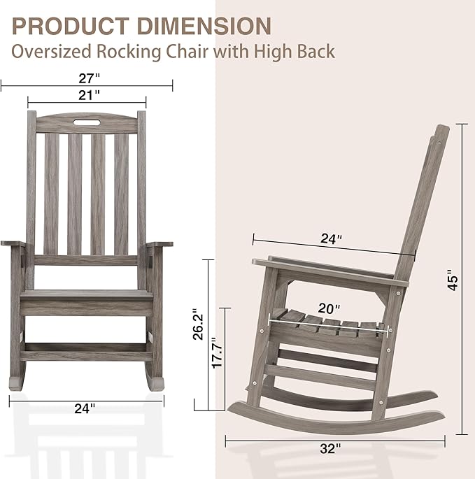 Psilvam Outdoor Rocking Chair Set of 2, Poly Lumber Oversized Rocking Chair with 21" Wide Seat and 32" Tall Backrest, Pre-Assembled with Most Components for Effortless Installation(Light Gray)