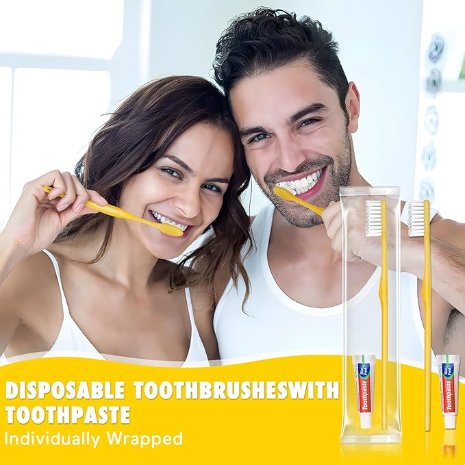 HOFASON Disposable Toothbrushes with Toothpaste Pack of 300, Yellow Hollow Travel Toothbrush Set with 5g Toothpaste Individually Wrapped Toothpaste Bulk for Homeless, Nursing Home, Shelter, Hotel