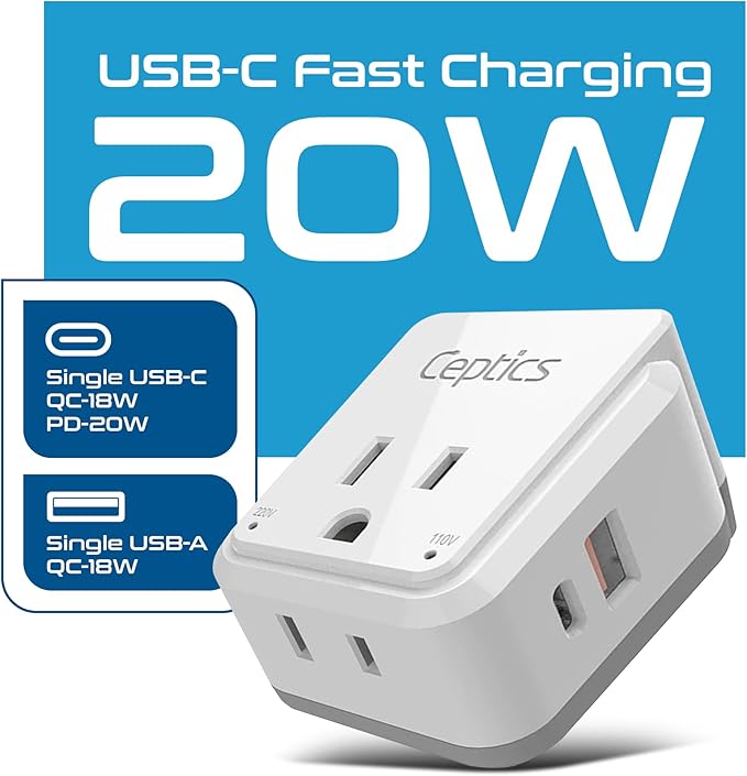 Ceptics European Plug Travel Adapter Set, 20W PD & QC, Safe Dual USB & USB-C - 2 USA Socket - Compact - Use in Germany, France, Italy, UK - Includes Type E/F, Type C, Type G SWadAPt Attachments
