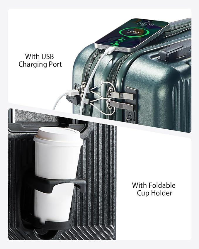 UrbanExplorer 20 Inch Carry-On Luggage with Front Opening, Cup Holder & USB Port, Lightweight ABS+PC Hardshell Spinner Suitcase, Airline Approved, 360° Wheels, Dark Green