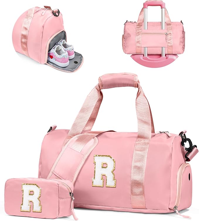 Easter Gifts for Kids-Girl Gym Bag with Shoe Compartment, Kid Personalized Weekender Overnight Bags, Initial Travel Tote with Makeup Pouch, Valentines Day Gift for Girls (Letter R)